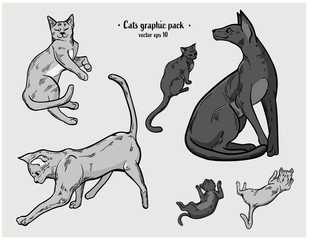 Cats in different poses in shades of gray in a realistic style with a line, reminiscent of ink drawing, for tattoos, stickers, textile, postcards and posters.