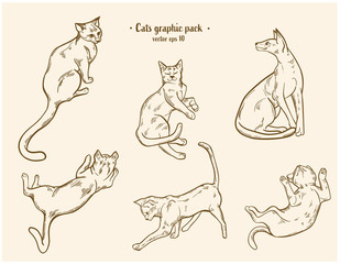 A set of illustrations of cats in different poses, in vintage shades.