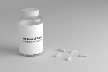 Covid-19 vaccine pills in a bottle. Testing sample of vaccine.