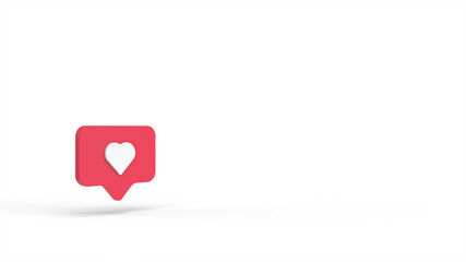 3d social media notification love like heart icon in red rounded square. Golden ratio. Composition like heart icon on a red pin isolated on white background. 3d render.