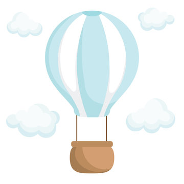 Turquoise striped hot air-balloon with brown basket with white clouds for design of album, scrapbook, card and invitation. Flat cartoon colorful vector illustration isolated on white background.
