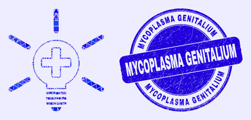 Geometric medical lamp light mosaic icon and Mycoplasma Genitalium seal stamp. Blue vector round textured seal with Mycoplasma Genitalium text.