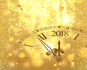 Obraz na płótnie Canvas 2018 New Year Gold shining background with clock. Blured colored flare banner with watch and fireworks. Vector illustration.