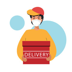 Vector illustration with delivery guy. Man in a protective mask. Coronavirus concept. Epidemic disease concept