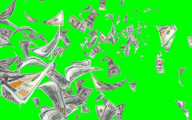 Fototapeta na wymiar Flying dollars banknotes isolated on chromakey. Money is flying in the air. 100 US banknotes new sample. 3D illustration