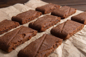 Chocolate cookies on wooden table.Homemade cookies closeup