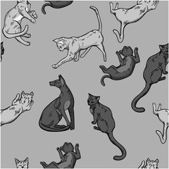 The pattern is in shades of gray from cats in different poses; the graphic pattern is suitable for textiles, wrapping paper and other products.