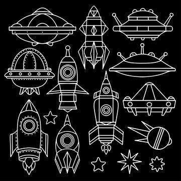 Cosmonautics, space cartoon set. Spaceship, rocket, star, comet, satellite