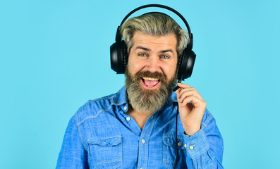 good smile. Music beat for energetic mood. his favorite song. enjoy excellent sound song in earphones. good mood playlist. Man with headset. bearded man hipster in headset. listen audio book