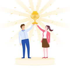 Teamwork celebrating success concept, male and female holding a golden cup together.