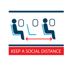 Keep a safe distance on Board the aircraft. Passengers should keep a social distance in the cabin. Prevention of coronavirus infection. Sticker. Icon. Vector flat illustration