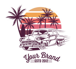 Vintage Summer Design With Vintage Car. Vector Layered