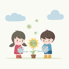 Cute little kids watering flower. Kawaii character design, vector illustration.