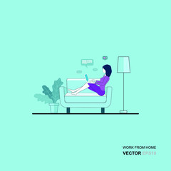 women work from home with a laptop sitting on the chair. Call Center concept. Cute illustration in flat style.