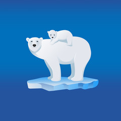 Polar bear family, a cute baby bear ridding on mother’s back, standing on ice floe. 