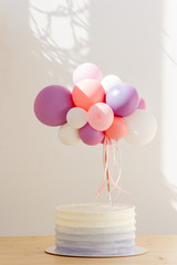 happy birthday cake, cake topper, balloons lilac and pink