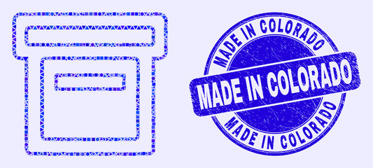 Obraz premium Geometric box mosaic icon and Made in Colorado seal stamp. Blue vector rounded grunge seal stamp with Made in Colorado title. Abstract mosaic of box combined of sphere, triangles,