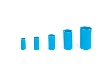 Blue PVC pipe set, separate on a white background, blue plastic water pipe, PVC accessories for plumbing work Plumber equipment Bend and connect the three-way plastic pipe to drain the waste water.