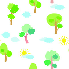 Seamless vector pattern of children's drawing. House, clouds, trees. Line vector drawing. Drawn by a child. Suitable for children's room decoration, fabric, decor. Doodle style.