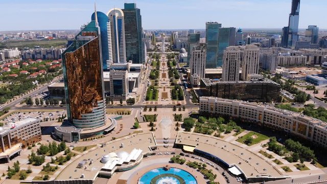 Incredible view of the city center of Nur Sultan, the capital of Kazakhstan.  Shooting from a drone in Astana.