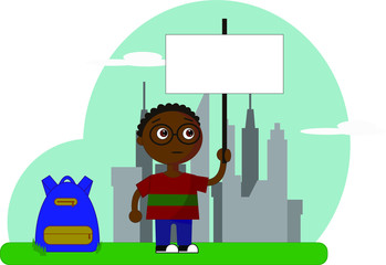 An illustration of a boy with a sign and a blue backpack.