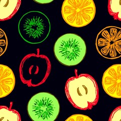 Hand-drawn summer bright vector seamless pattern. Yellow, green kiwi, apple, orange, fruits on a black background. For prints of packaging, fabric, beachwear, textiles.