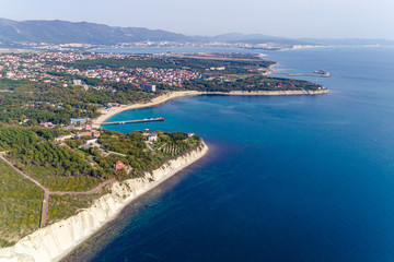Fototapeta na wymiar The Resort Of Gelendzhik. the area of Blue Bay. In the background the Gelendzhik Bay and the Markotkh mountain range, Caucasus mountains