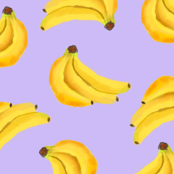 Watercolor banana pattern isolated on purple background. Fresh fruit.