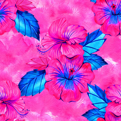 hibiscus tropical watercolor seamless background