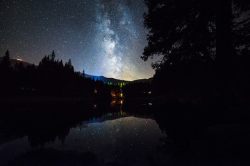 Milky Way reflecting in mountain lake Vrbicke Pleso, Slovakia, Low Tatras National Park