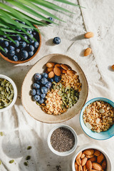 Top view of breakfast ingredients like cereal, almond, blueberry, pepitas and chia seeds on a linen cloth decorated with palm leaf.