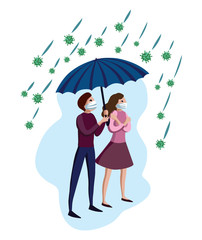 Man and woman in medical masks under umbrella with covid-19 corona virus around. Concept for defense from coronavirus pandemic. Vector illustration for medicine