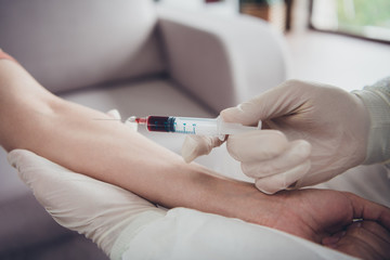 Cropped closeup photo of patient lady guy doc injection sample probe vein blood covid antibodies...