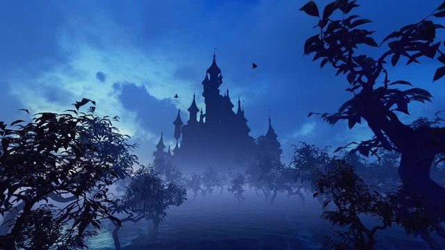 Dark castle and lake. Animation on the theme of history and architecture, fairy tales and buildings, territories and travel.