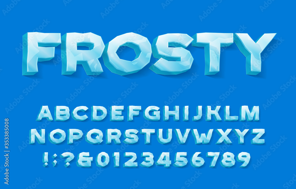 Fototapete frosty alphabet font. 3d ice letters and numbers with shadow. stock vector typescript for your typog