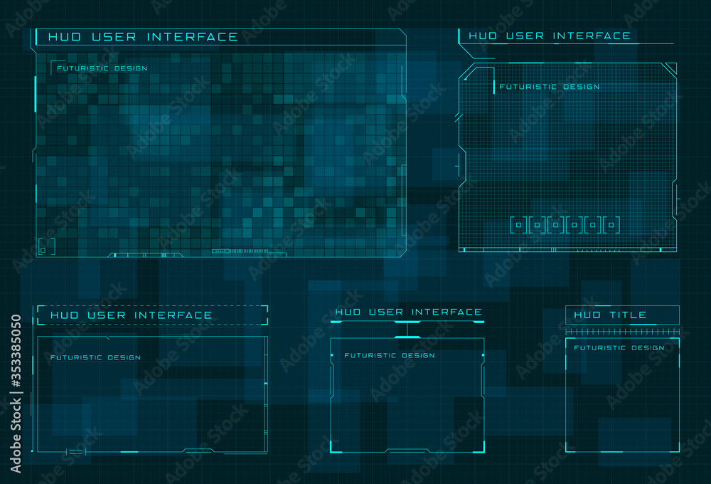 Poster Set of HUD user screen interface on dark blue digital hi tech background. Futuristic layout of control panel and user menu in HUD style. Editable stroke. Good for animation. Vector