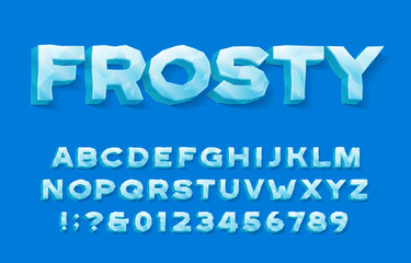Frosty alphabet font. 3D ice letters and numbers with shadow. Stock vector typescript for your typography design.