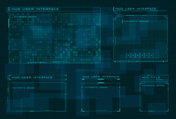 Set of HUD user screen interface on dark blue digital hi tech background. Futuristic layout of control panel and user menu in HUD style. Editable stroke. Good for animation. Vector