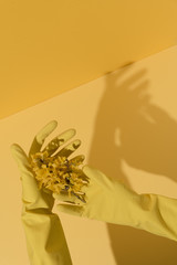 Hands in yellow rubber gloves is holding a flower on yellow background. Protection of Nature. Holiday celebration at quarantine. Conceptual social photo, copy space