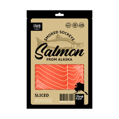 Vector smoked sockeye salmon packaging design concept. Modern style seafood label. Smoked salmon slices in a black and gold package isolated on a white background