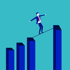Business growth or business risk management vector concept: Businessman balancing himself walking on a rope between two bar chart