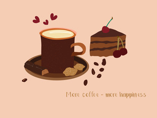 Breakfast menu with cup of coffee, coffee beans, piece of chocolate cake. Hand drawn vector illustration.Sweet,beautiful dessert with cherry and sugar.Hot chocolate with milk and cream.Cafe menu sign