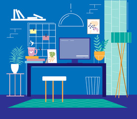 Workplace, work at home, space, coworking. Table, computer, coffee cup. Vector flat style