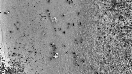 Swimmers near the shoreline, downward aerial view