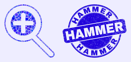 Geometric zoom in mosaic pictogram and Hammer seal stamp. Blue vector round textured stamp with Hammer message. Abstract mosaic of zoom in organized of round, triangles, square geometric spots.