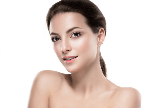 Young beautiful woman portrait with short hair healthy skin studio on white