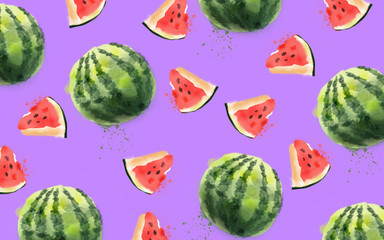Watercolor watermelon pattern isolated on purple background. Summer fruit.