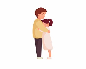 Brother and sister hugging. Little children cuddling, kindness. Boy and girl cartoon characters. Vector illustration
