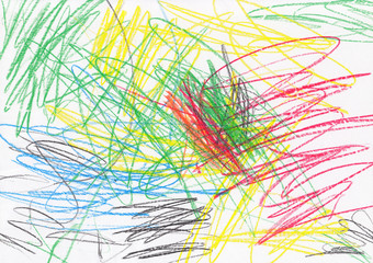 Expressive abstract composition -drawing made with colorful crayons, wax crayon texture on paper, strokes, scribbles of different colors, energy concept