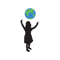 girl holding the earth. child care of planet icon. globe in children hands	
